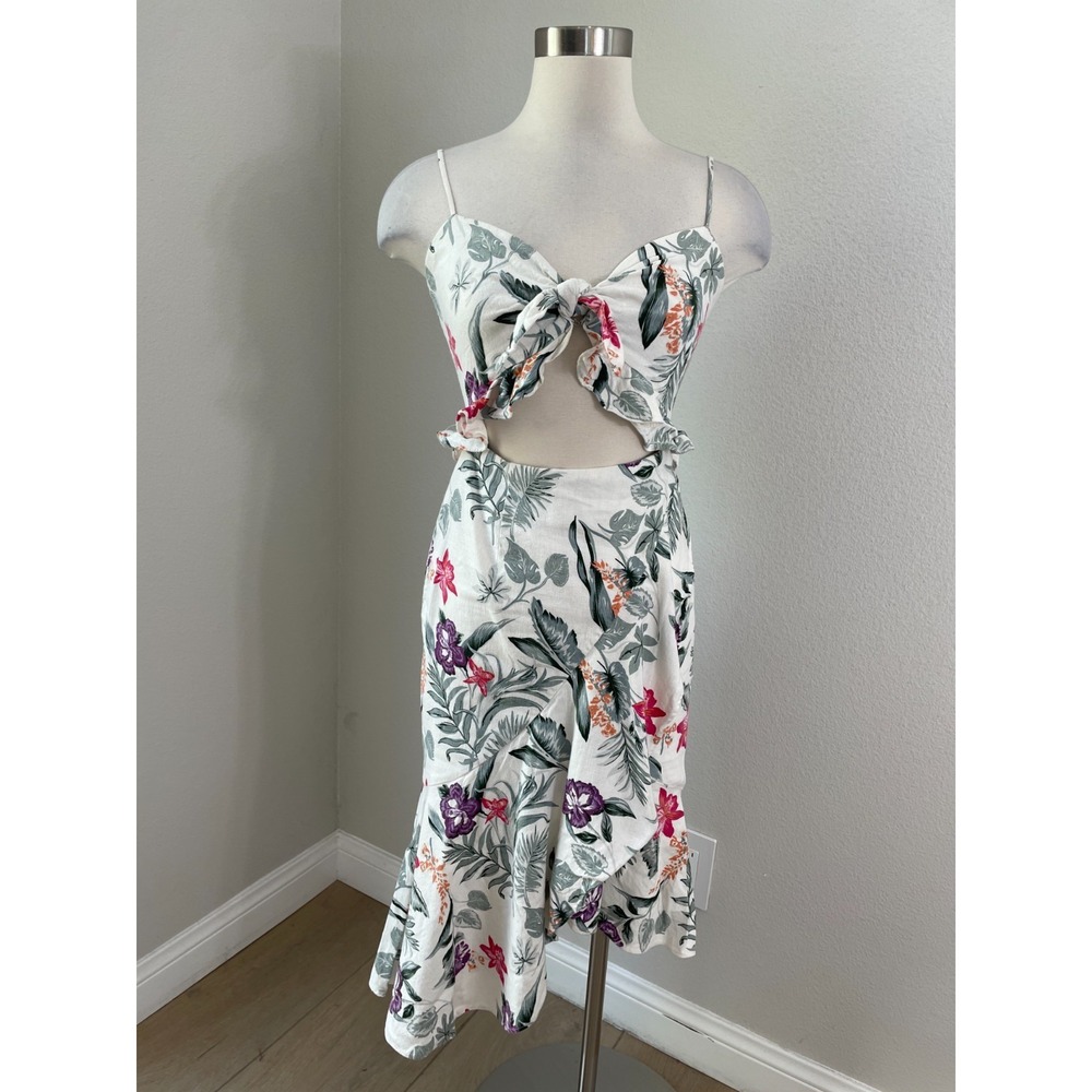WAYF Womens Small Mahari Cutout Midi Dress Ivory Tropical Ruffle Hem Linen Blend